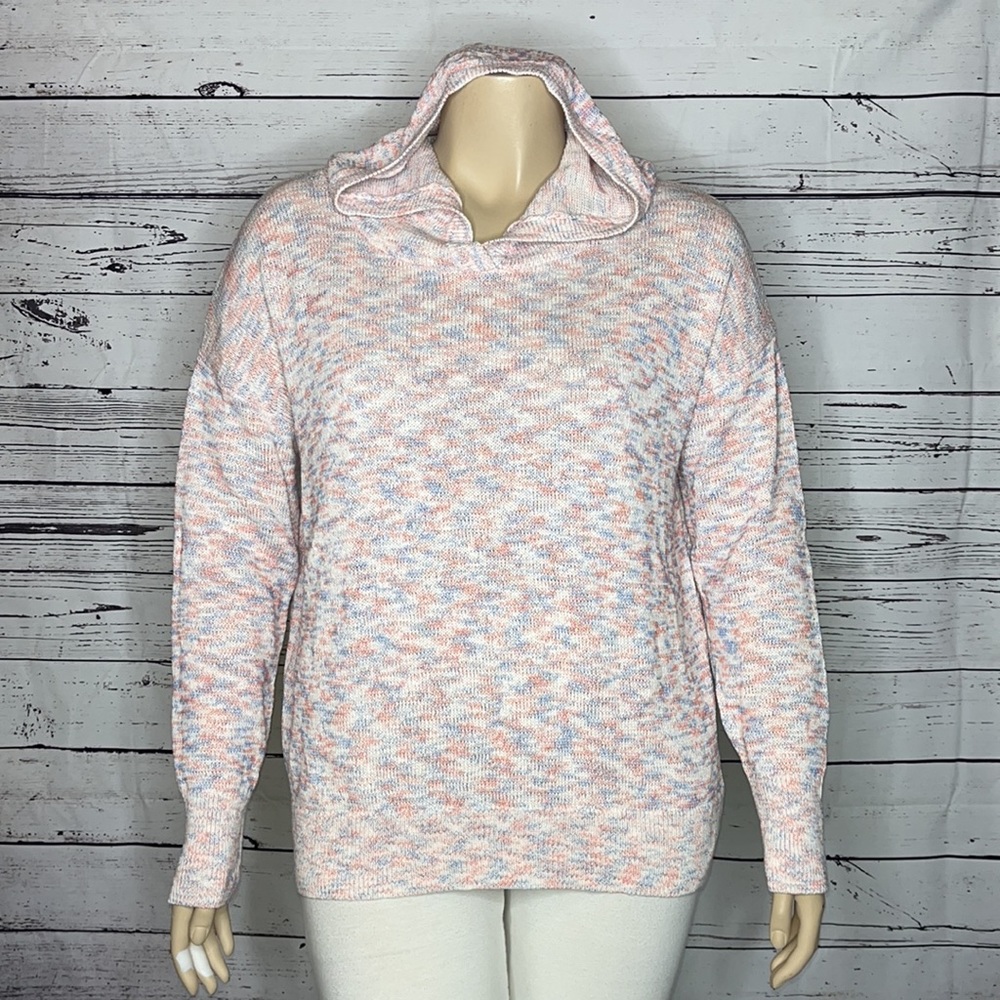 Gap Size XL Red, White & Blue Marled Long Sleeve Beachy V-Neck Hooded Sweater